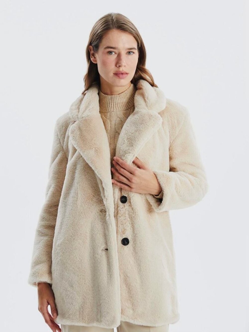 Mango Faux Fur Coat - Light Beige